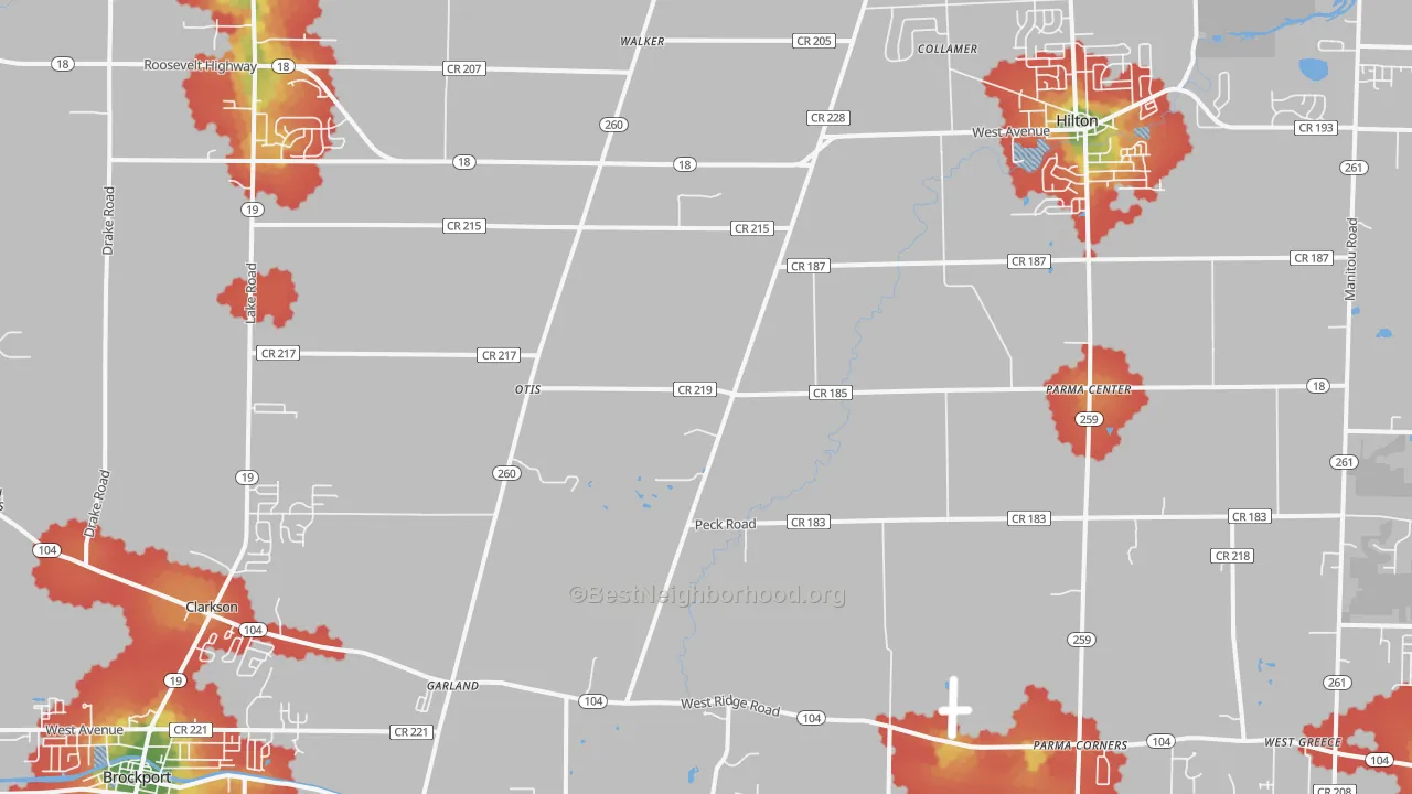 Walk Grade map of Clarkson, NY, walkable areas in green and car-dependent areas in red