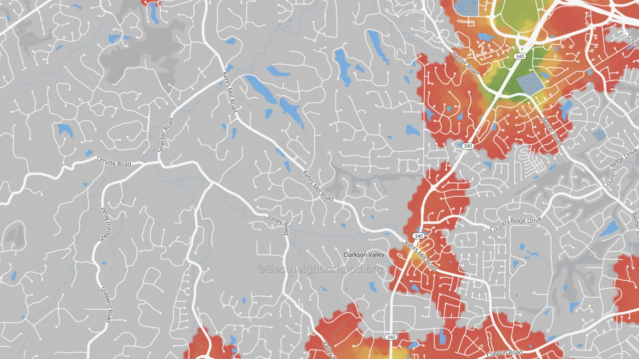 Walk Grade map of Clarkson Valley, MO, walkable areas in green and car-dependent areas in red