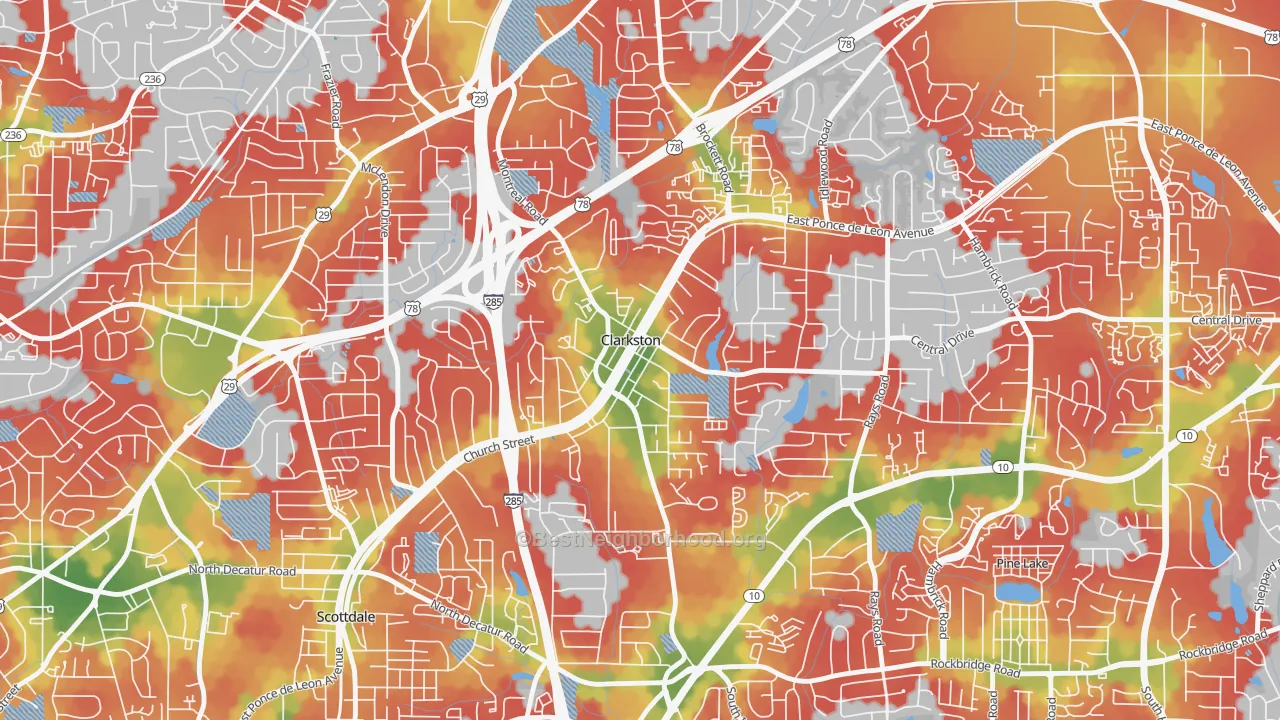 Walk Grade map of Clarkston, GA, walkable areas in green and car-dependent areas in red