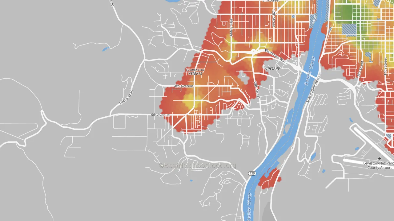Walk Grade map of Clarkston Heights-Vineland, WA, walkable areas in green and car-dependent areas in red