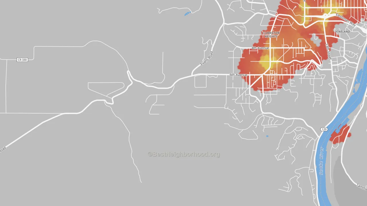 Walk Grade map of Clarkston Heights, WA, walkable areas in green and car-dependent areas in red