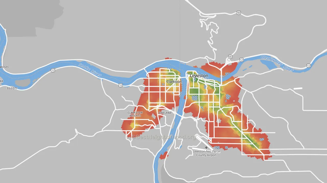 Walk Grade map of Clarkston, WA, walkable areas in green and car-dependent areas in red