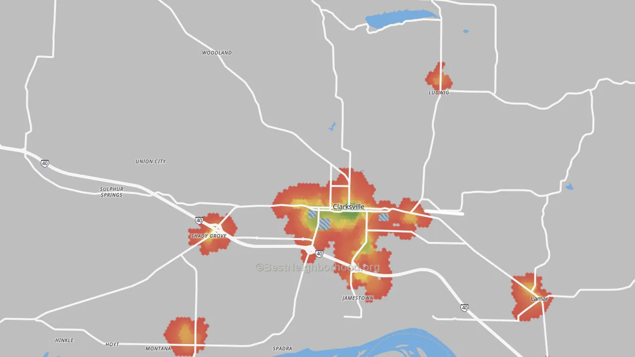 Walk Grade map of Clarksville, AR, walkable areas in green and car-dependent areas in red