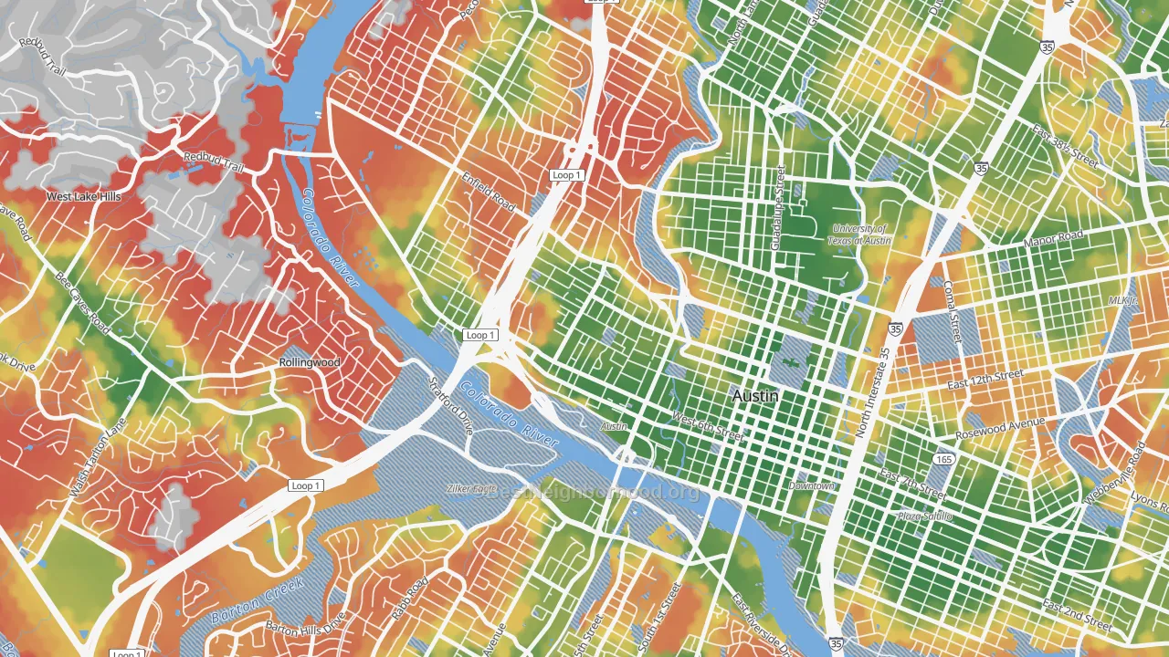 Walk Grade map of Clarksville, Austin, TX, walkable areas in green and car-dependent areas in red