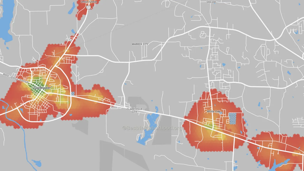 Walk Grade map of Clarksville City, TX, walkable areas in green and car-dependent areas in red