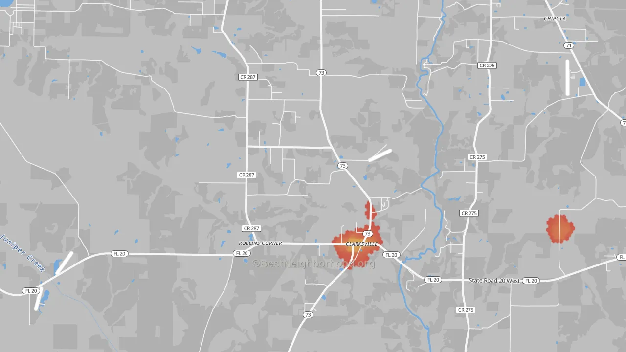 Walk Grade map of Clarksville, FL, walkable areas in green and car-dependent areas in red