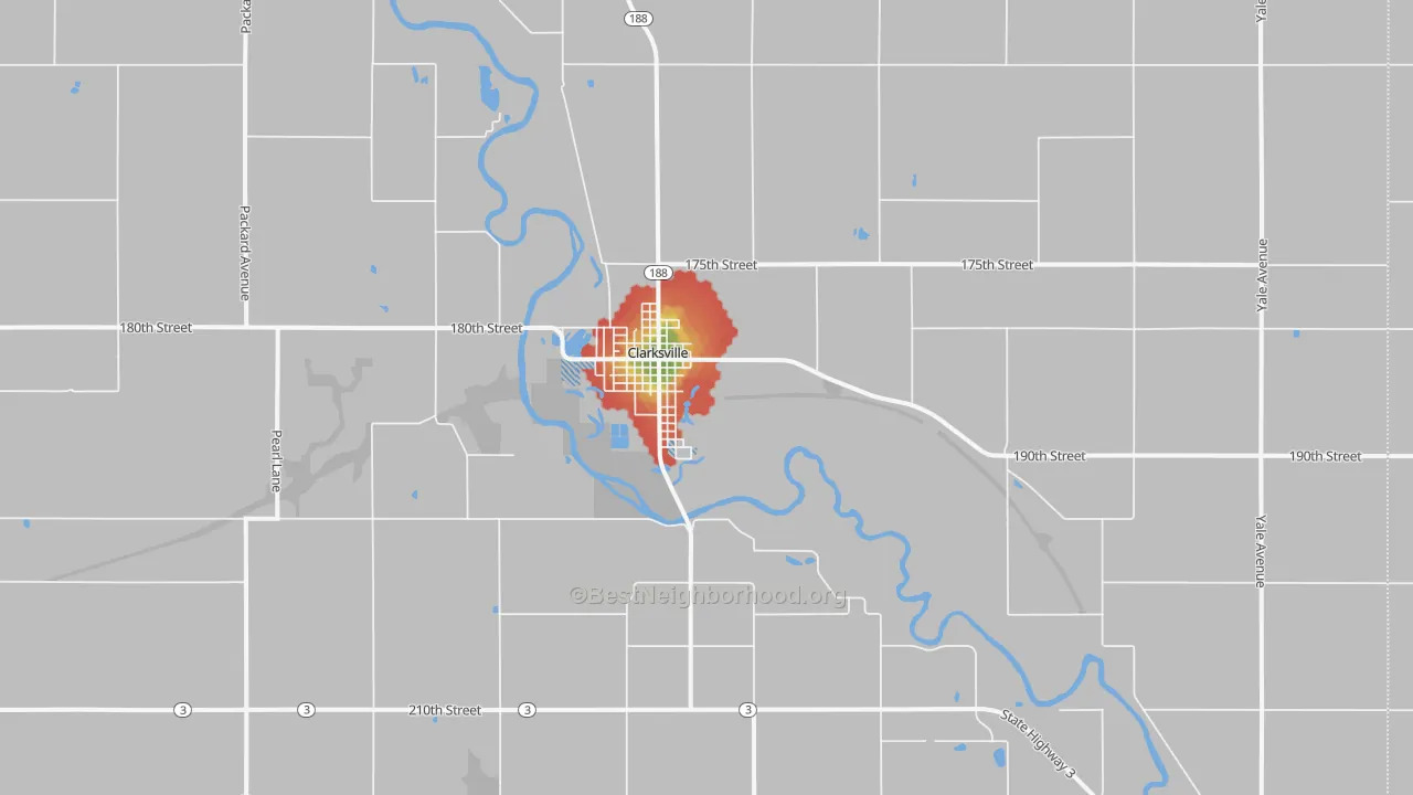 Walk Grade map of Clarksville, IA, walkable areas in green and car-dependent areas in red
