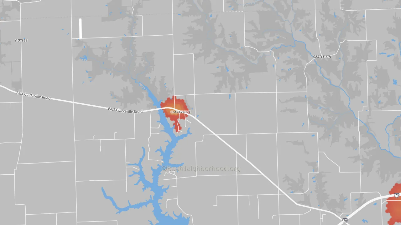 Walk Grade map of Clarksville, IL, walkable areas in green and car-dependent areas in red