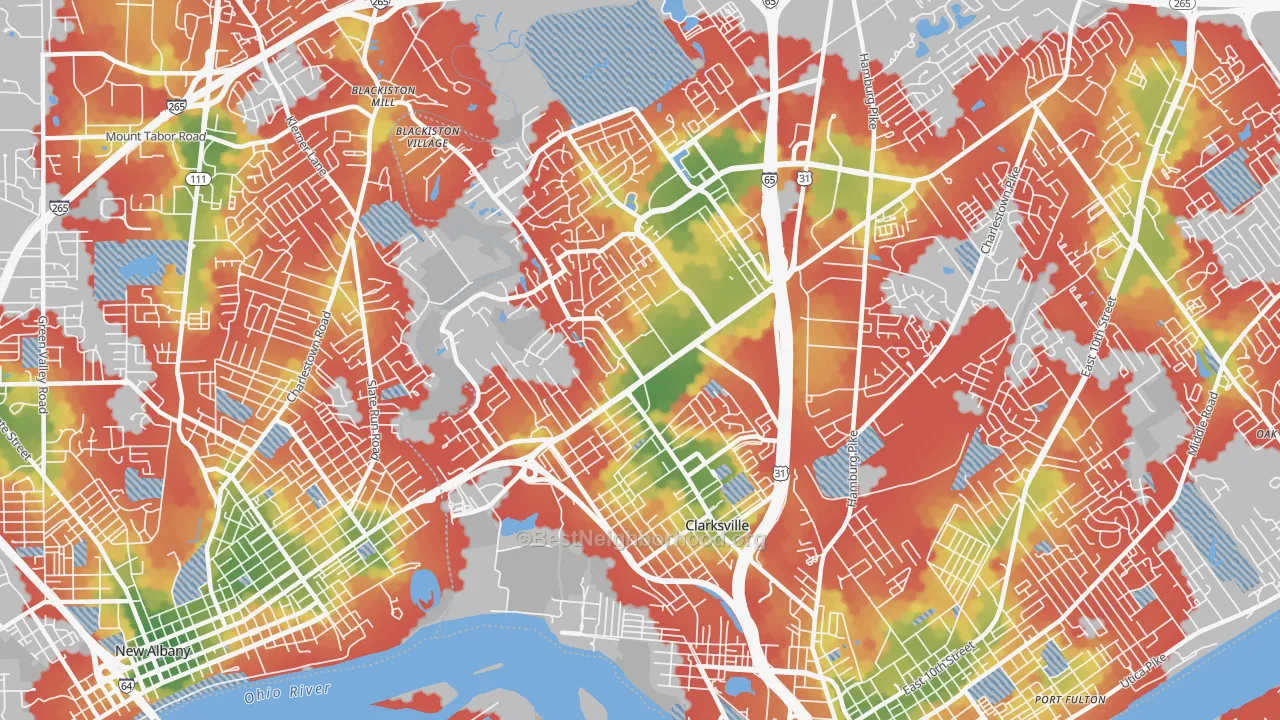 Walk Grade map of Clarksville, IN, walkable areas in green and car-dependent areas in red