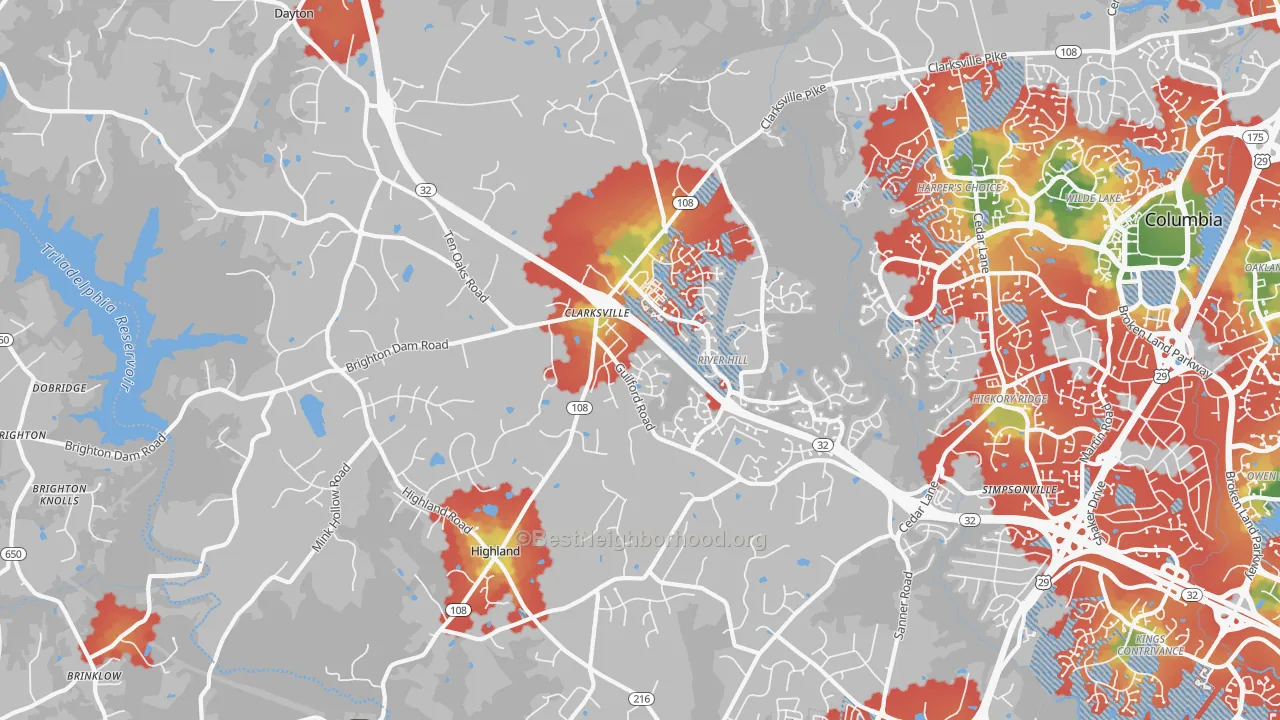 Walk Grade map of Clarksville, MD, walkable areas in green and car-dependent areas in red