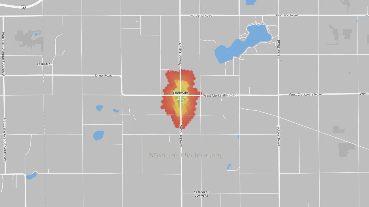 Walk Grade map of Clarksville, MI, walkable areas in green and car-dependent areas in red