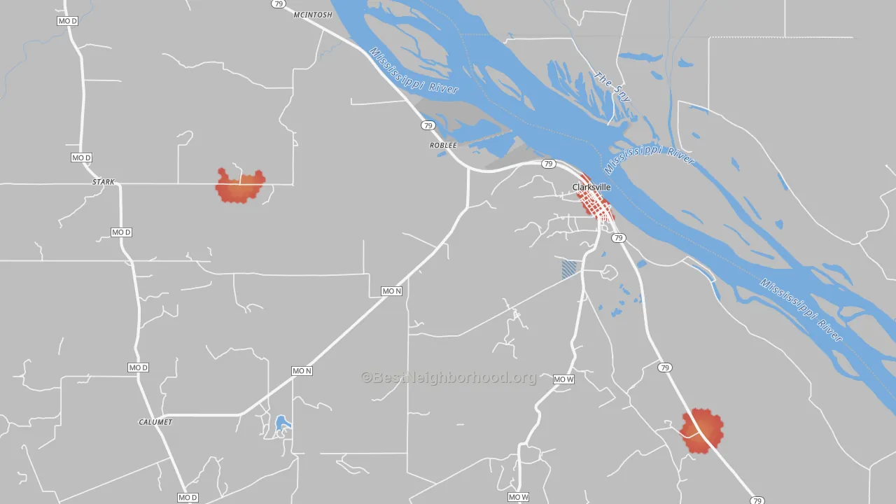 Walk Grade map of Clarksville, MO, walkable areas in green and car-dependent areas in red