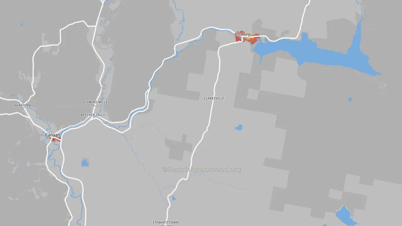 Walk Grade map of Clarksville, NH, walkable areas in green and car-dependent areas in red