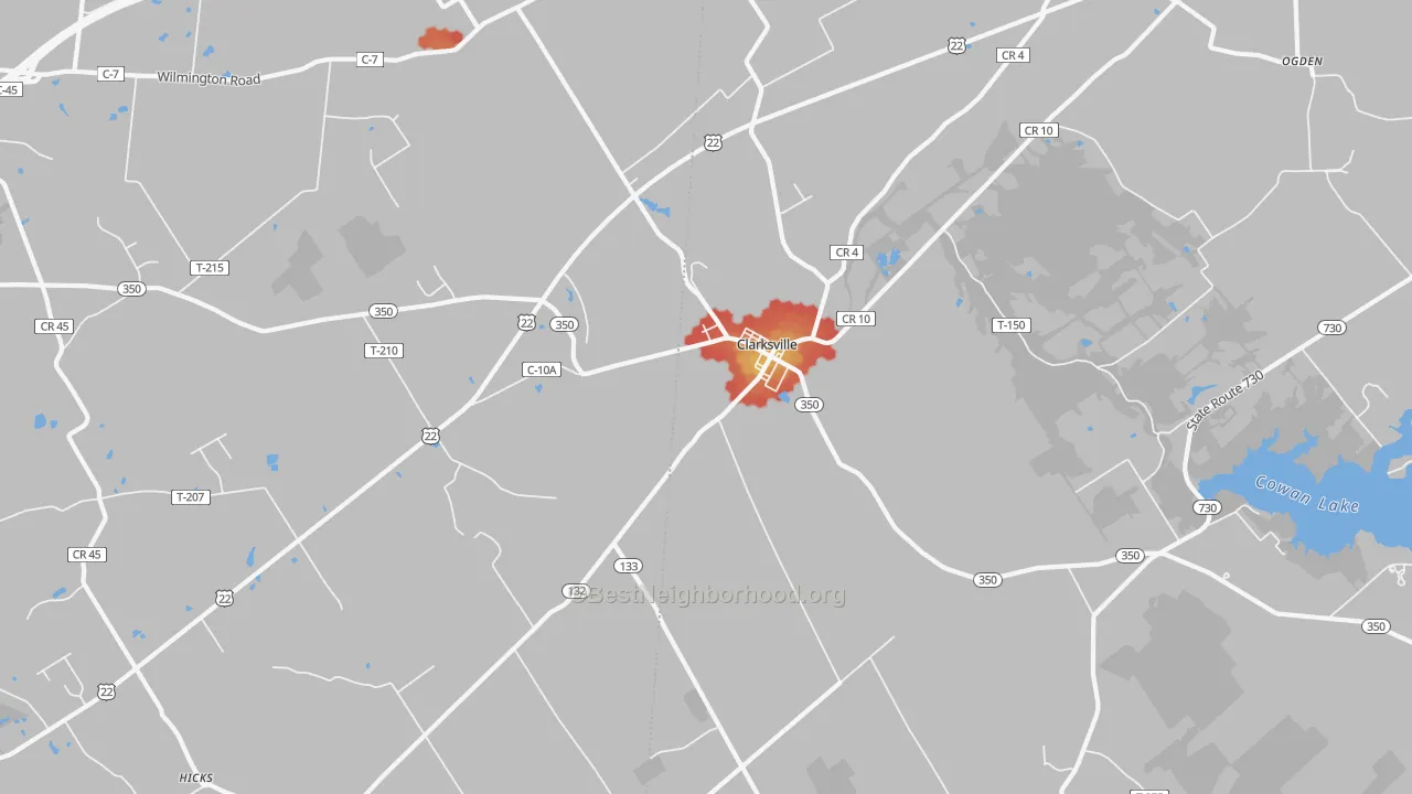 Walk Grade map of Clarksville, OH, walkable areas in green and car-dependent areas in red
