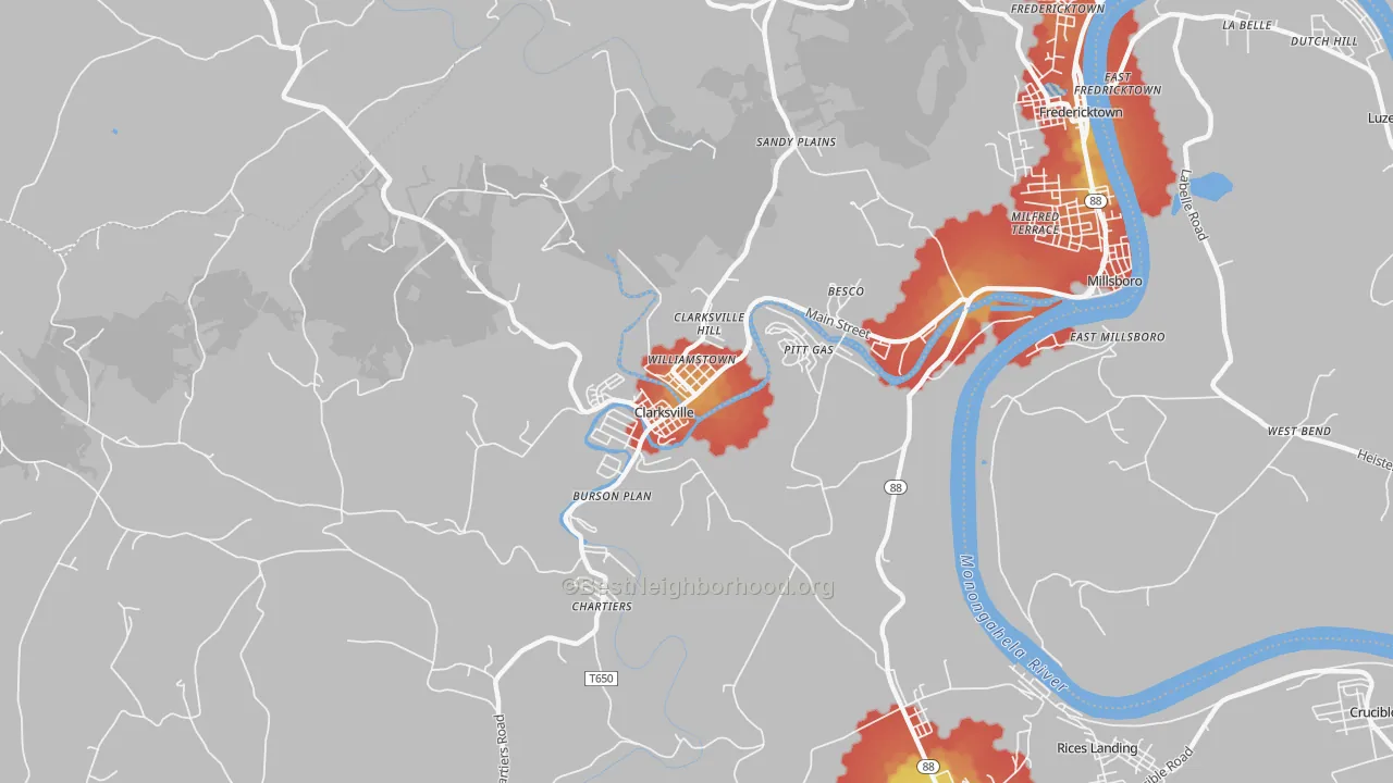 Walk Grade map of Clarksville, PA, walkable areas in green and car-dependent areas in red