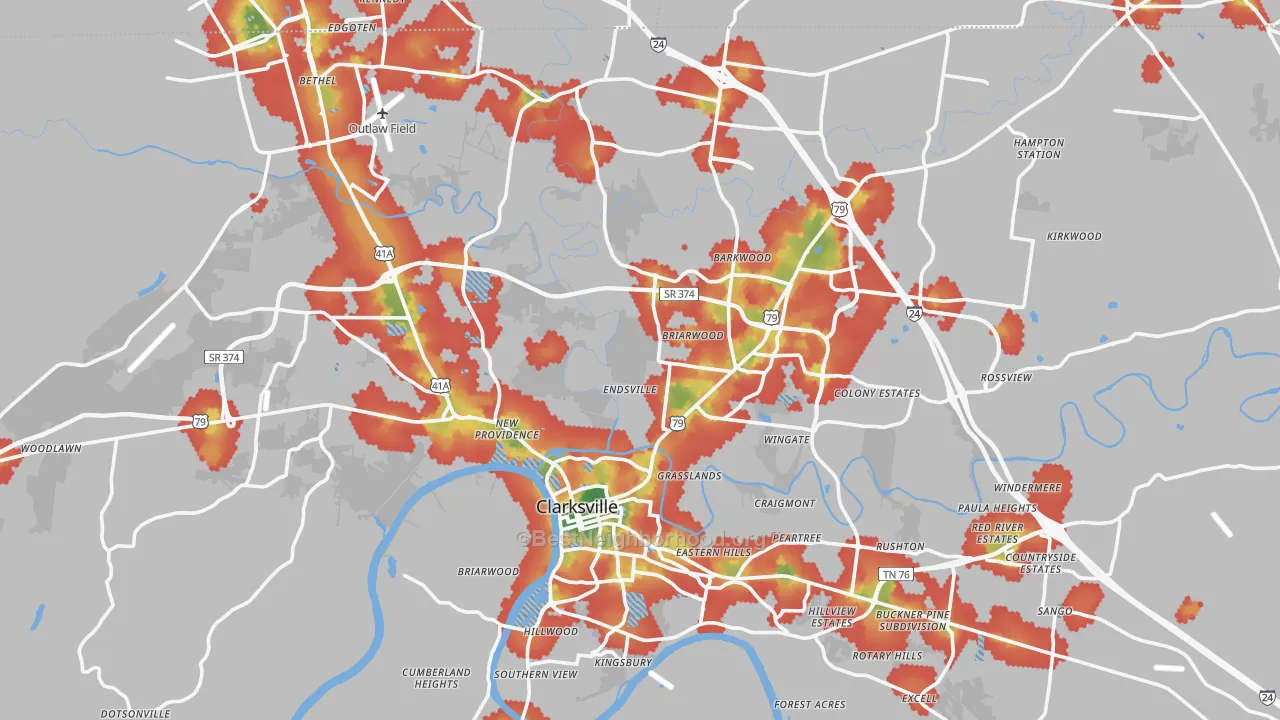 Walk Grade map of Clarksville, TN, walkable areas in green and car-dependent areas in red
