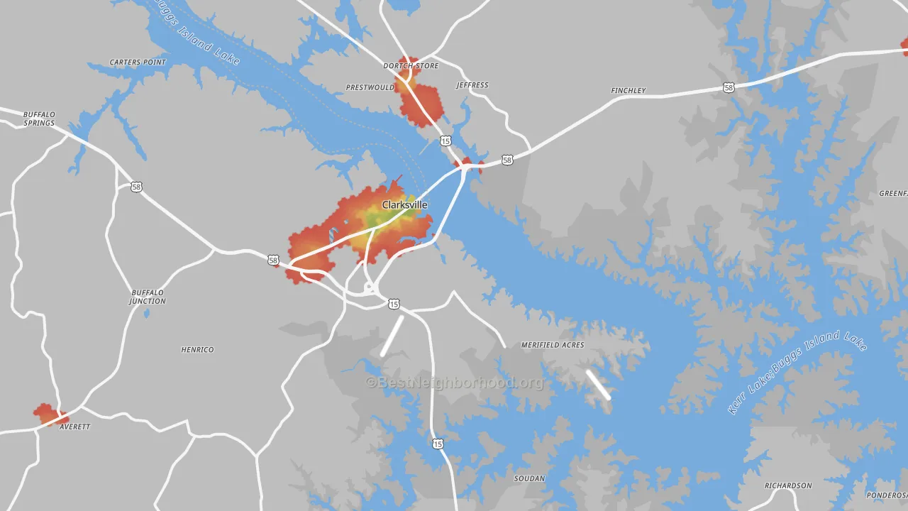 Walk Grade map of Clarksville, VA, walkable areas in green and car-dependent areas in red