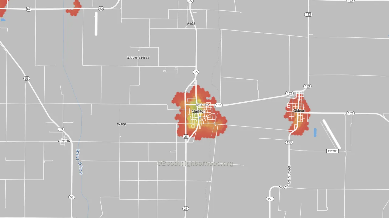 Walk Grade map of Clarkton, MO, walkable areas in green and car-dependent areas in red