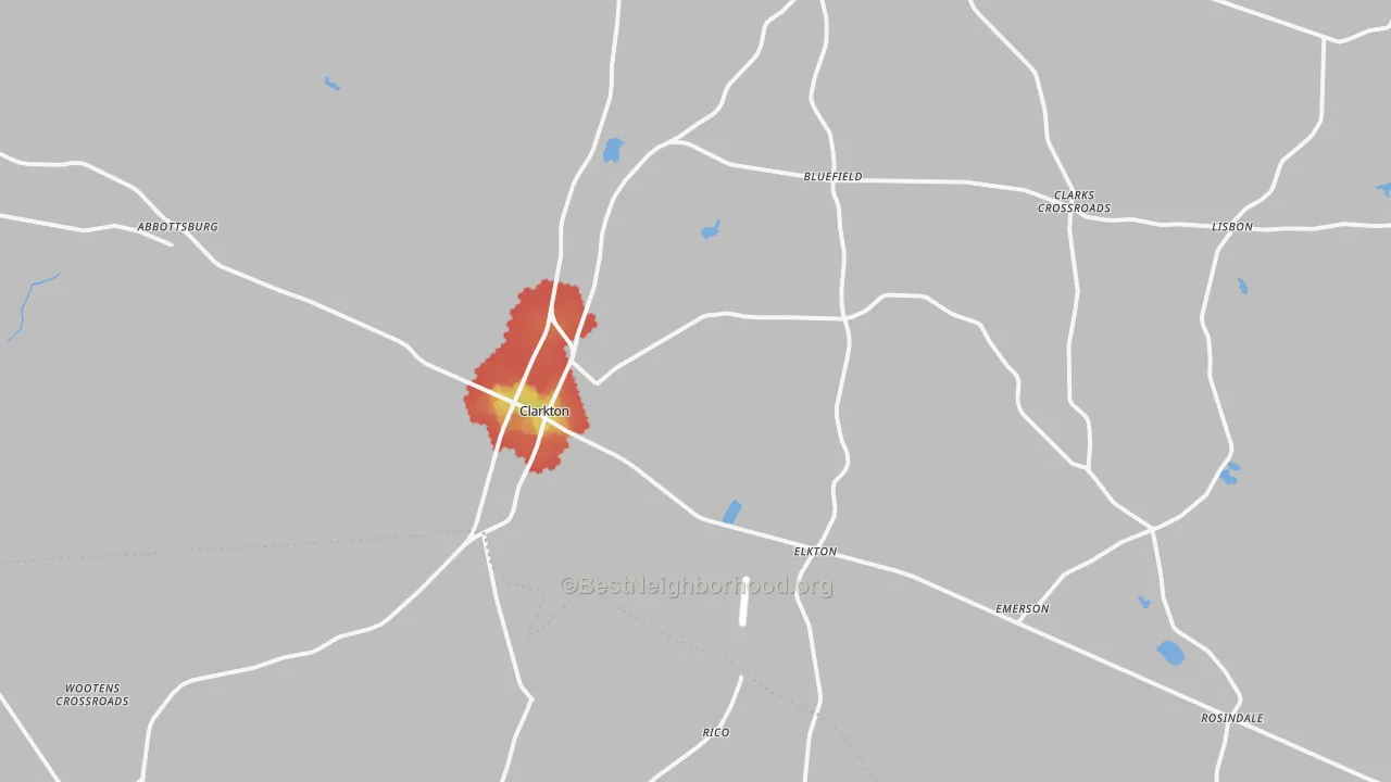 Walk Grade map of Clarkton, NC, walkable areas in green and car-dependent areas in red