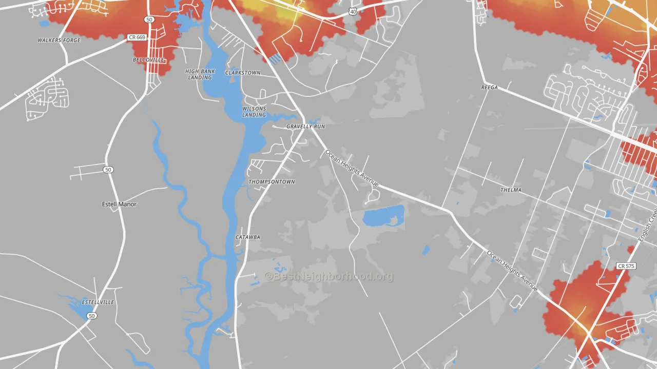 Walk Grade map of Clarktown, NJ, walkable areas in green and car-dependent areas in red