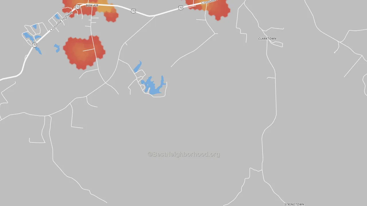 Walk Grade map of Clarktown, TN, walkable areas in green and car-dependent areas in red