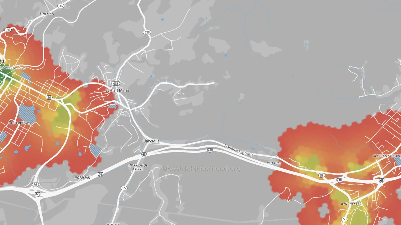 Walk Grade map of Clarysville, MD, walkable areas in green and car-dependent areas in red