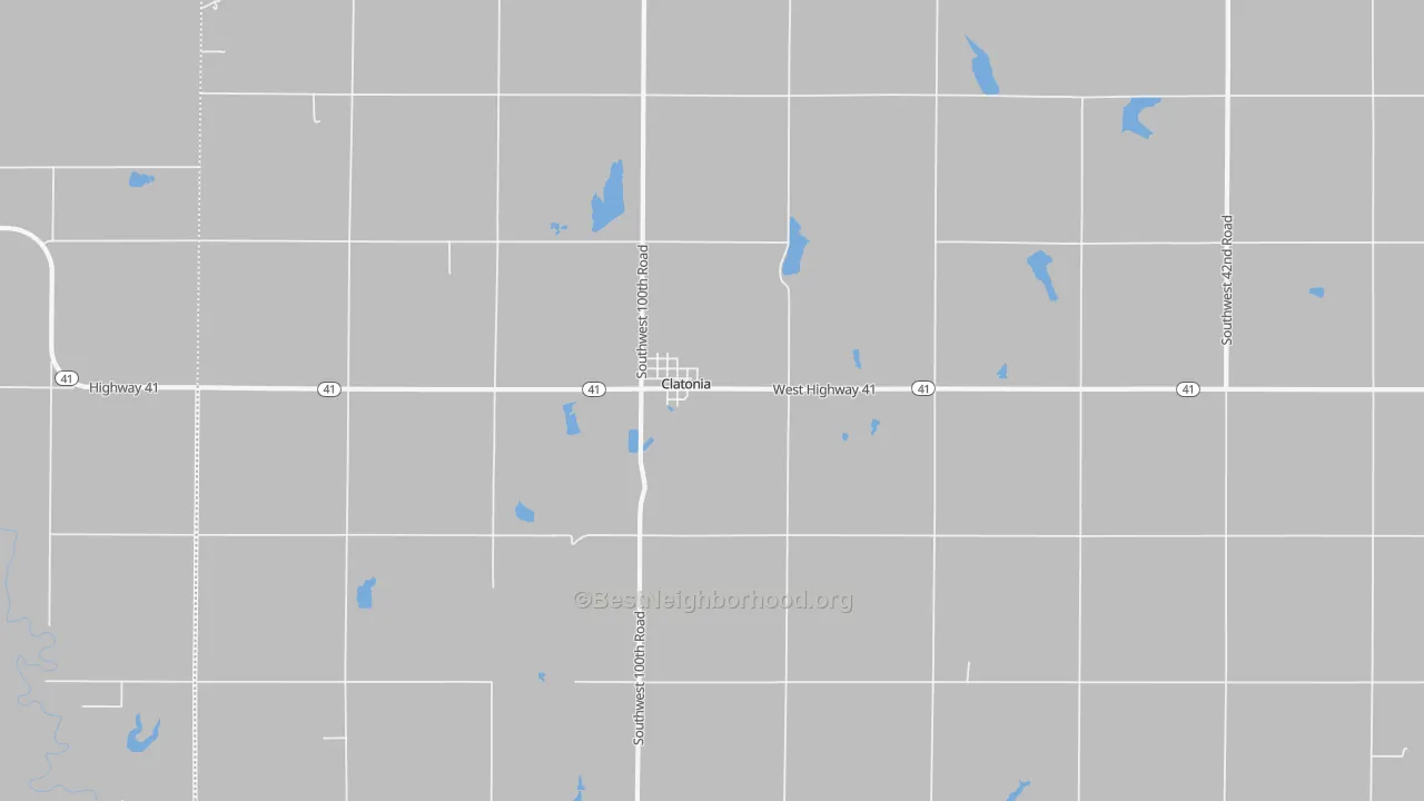 Walk Grade map of Clatonia, NE, walkable areas in green and car-dependent areas in red
