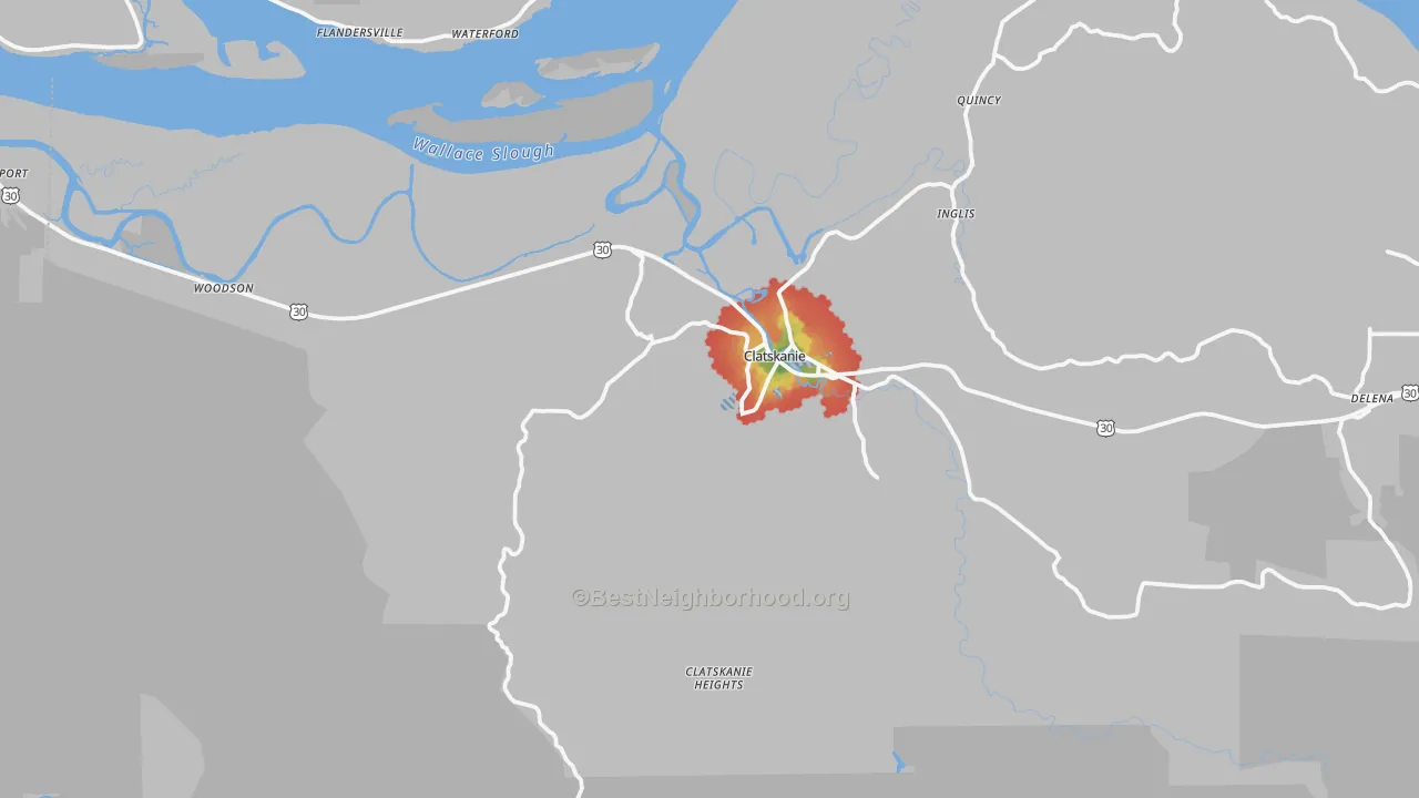 Walk Grade map of Clatskanie, OR, walkable areas in green and car-dependent areas in red