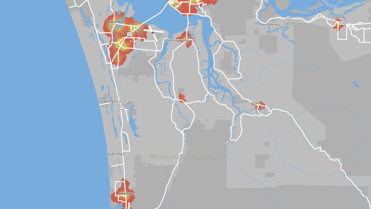 Walk Grade map of Clatsop County, OR, walkable areas in green and car-dependent areas in red