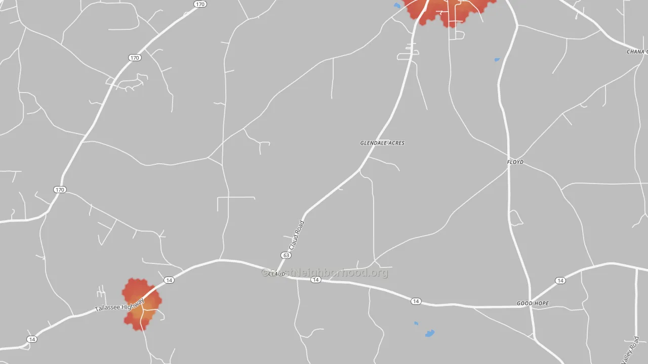 Walk Grade map of Claud, AL, walkable areas in green and car-dependent areas in red