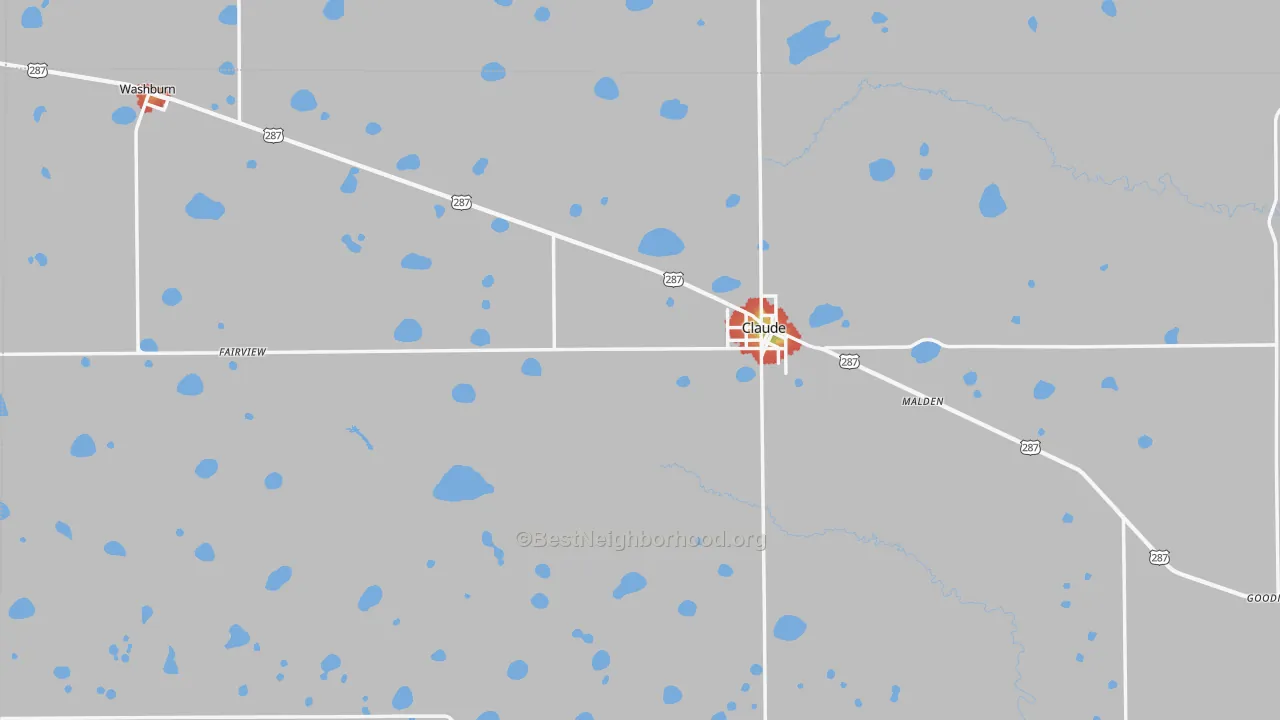 Walk Grade map of Claude, TX, walkable areas in green and car-dependent areas in red