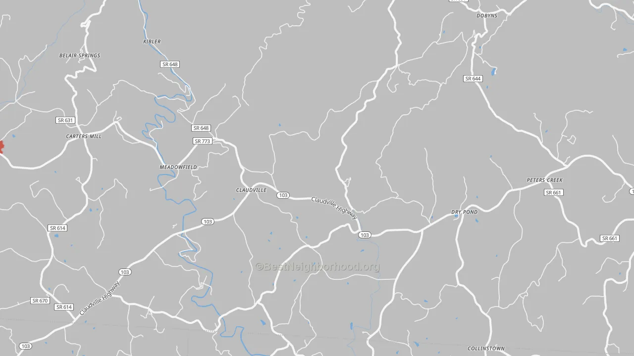 Walk Grade map of Claudville, VA, walkable areas in green and car-dependent areas in red