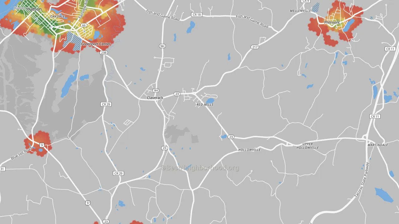 Walk Grade map of Claverack, NY, walkable areas in green and car-dependent areas in red