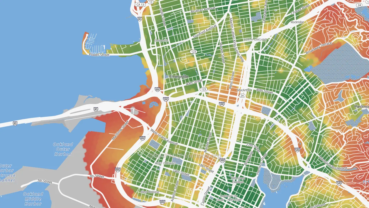 Walk Grade map of Clawson, Emeryville, CA, walkable areas in green and car-dependent areas in red