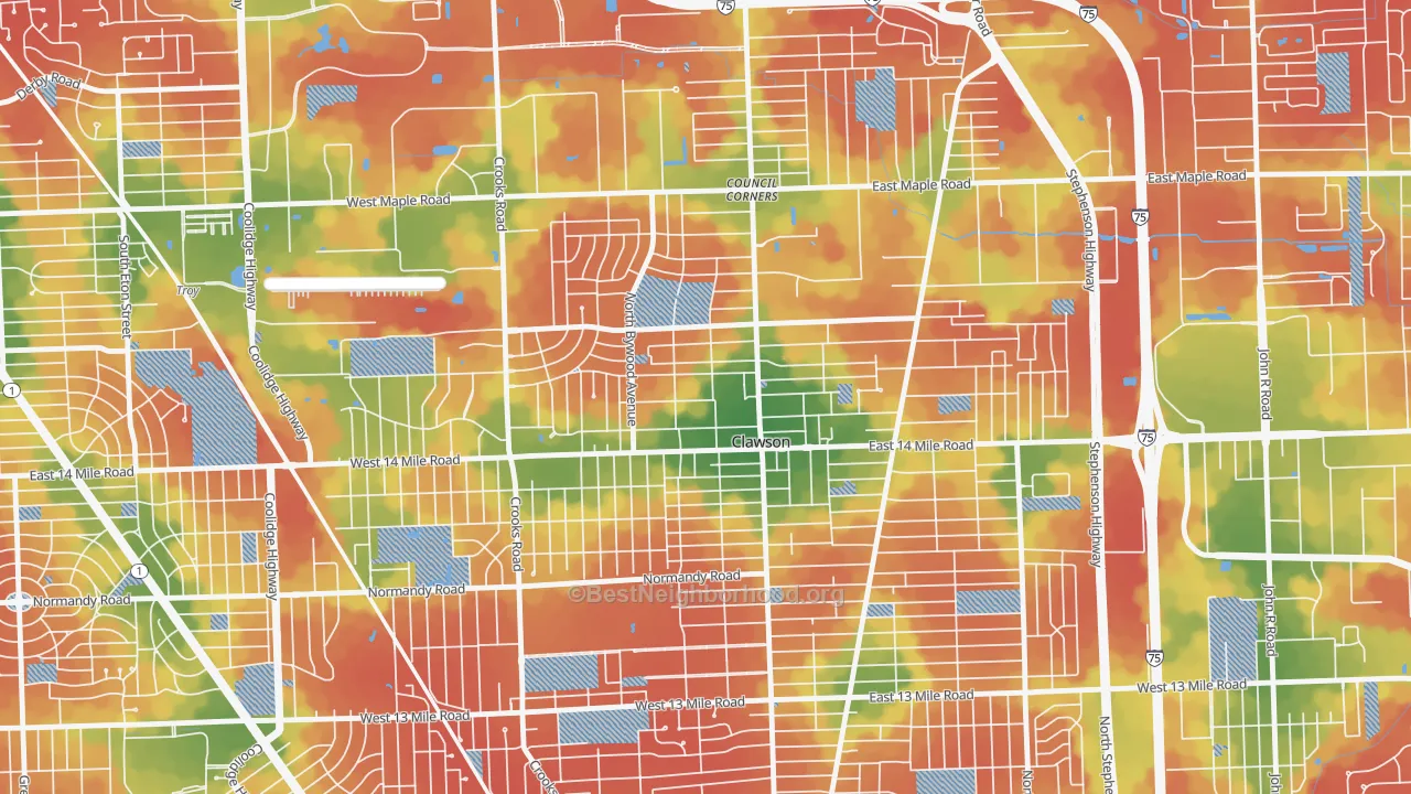 Walk Grade map of Clawson, MI, walkable areas in green and car-dependent areas in red