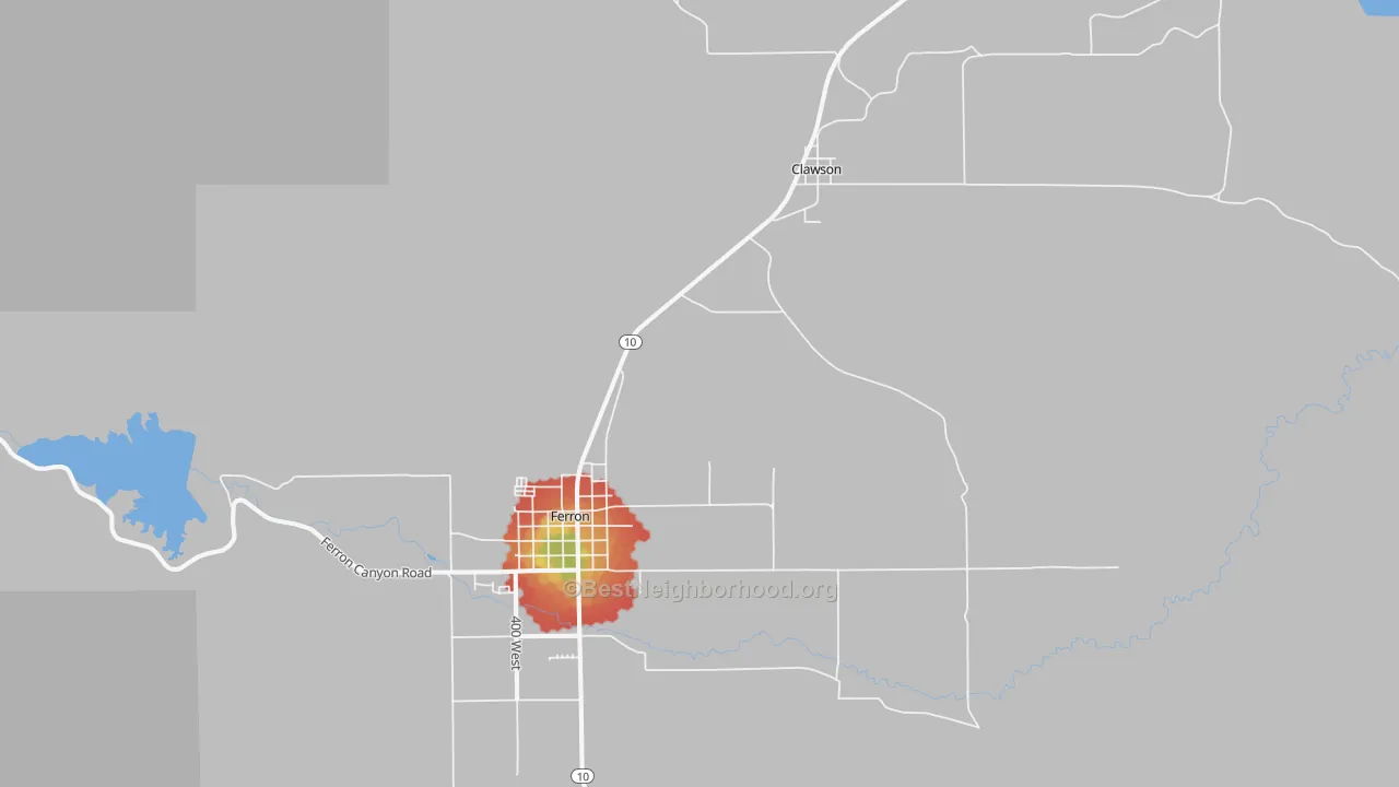 Walk Grade map of Clawson, UT, walkable areas in green and car-dependent areas in red