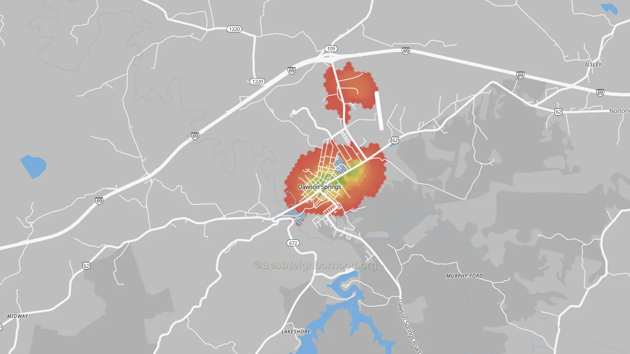 Walk Grade map of Claxton, KY, walkable areas in green and car-dependent areas in red
