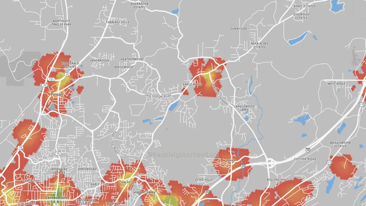 Walk Grade map of Clay, AL, walkable areas in green and car-dependent areas in red