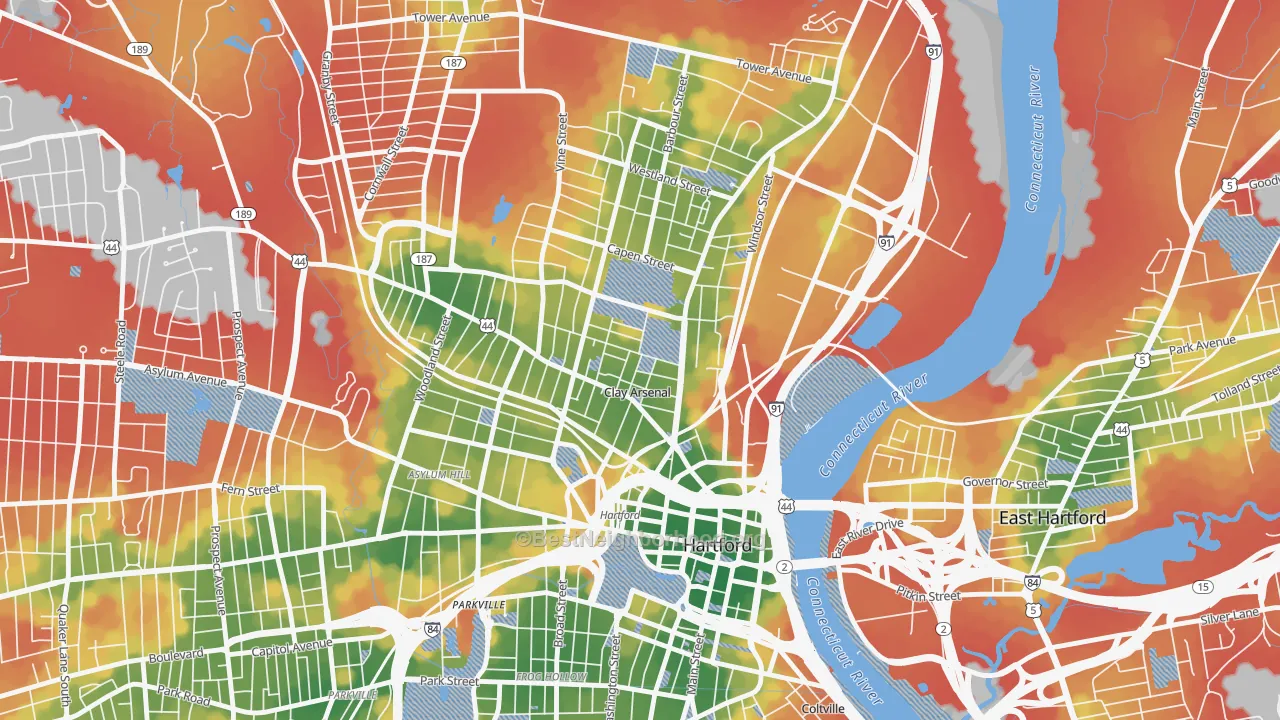 Walk Grade map of Clay Arsenal, Hartford, CT, walkable areas in green and car-dependent areas in red