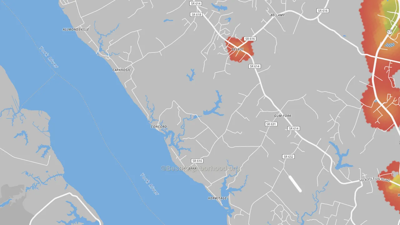 Walk Grade map of Clay Bank, VA, walkable areas in green and car-dependent areas in red