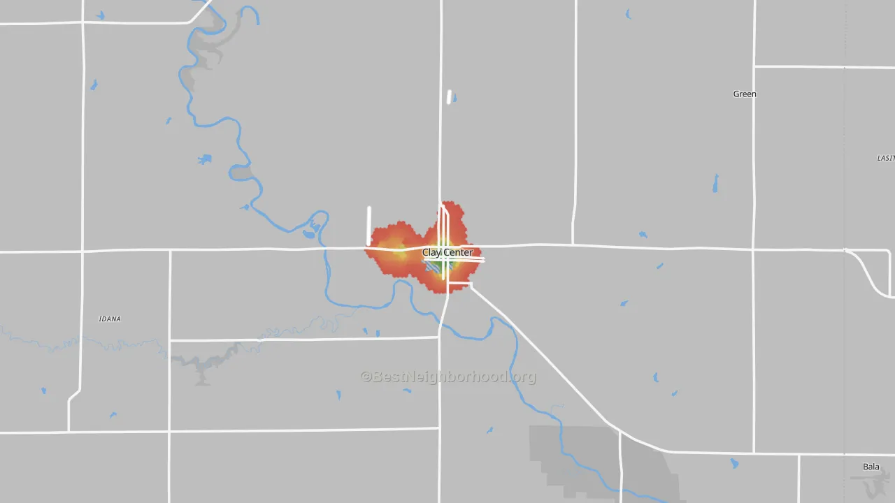 Walk Grade map of Clay Center, KS, walkable areas in green and car-dependent areas in red
