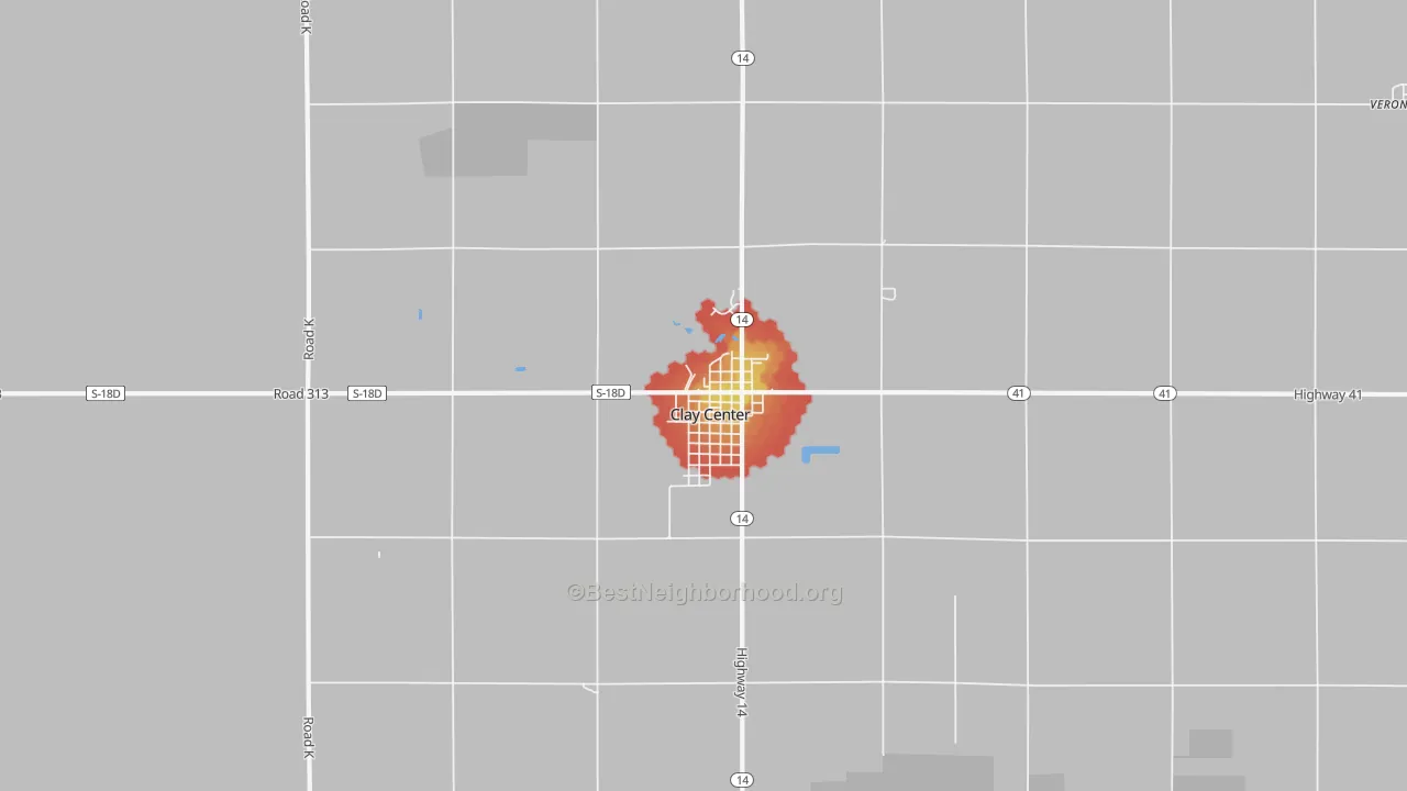 Walk Grade map of Clay Center, NE, walkable areas in green and car-dependent areas in red