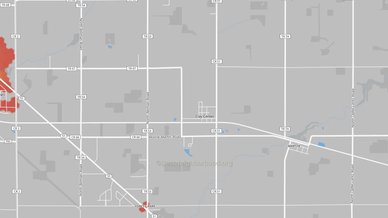 Walk Grade map of Clay Center, OH, walkable areas in green and car-dependent areas in red