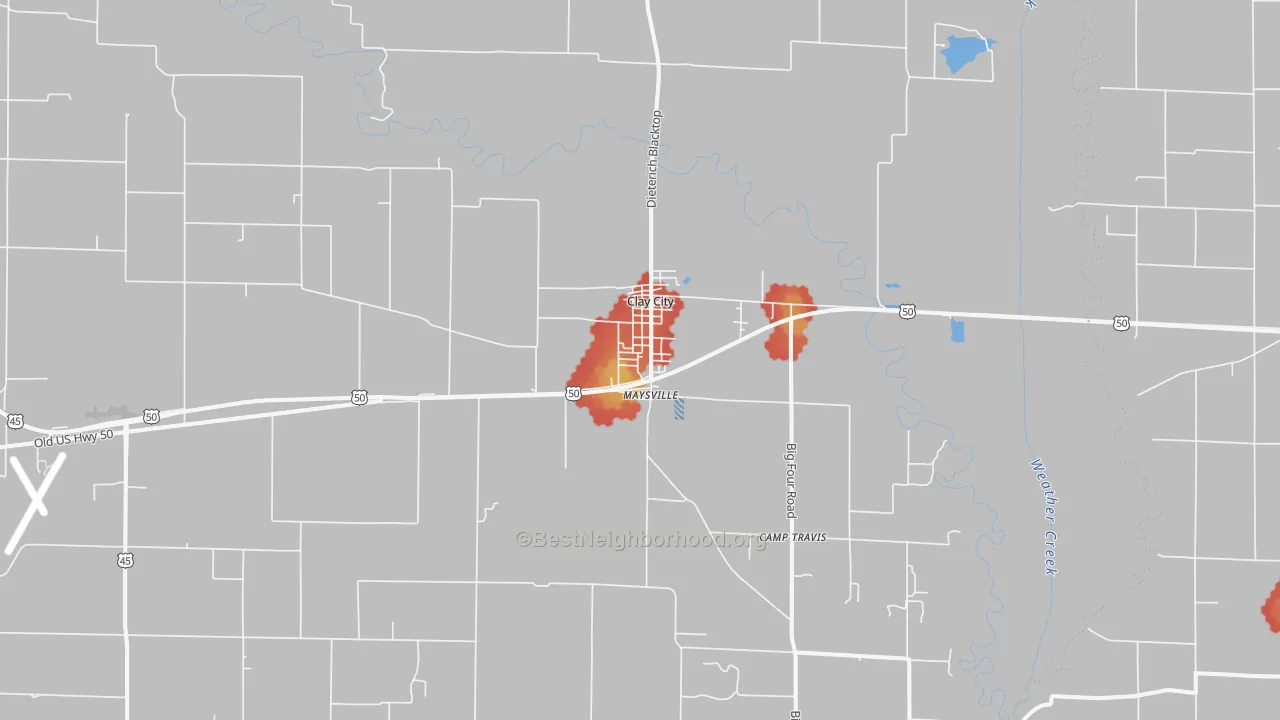 Walk Grade map of Clay City, IL, walkable areas in green and car-dependent areas in red