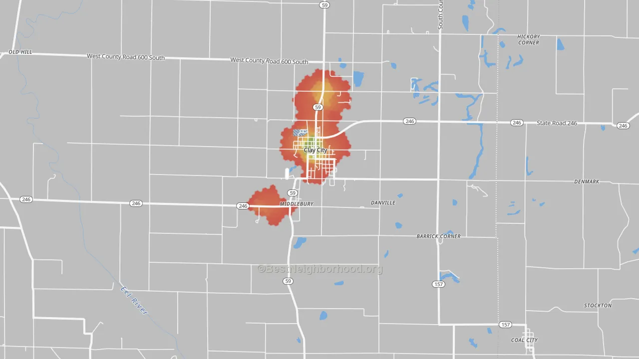 Walk Grade map of Clay City, IN, walkable areas in green and car-dependent areas in red