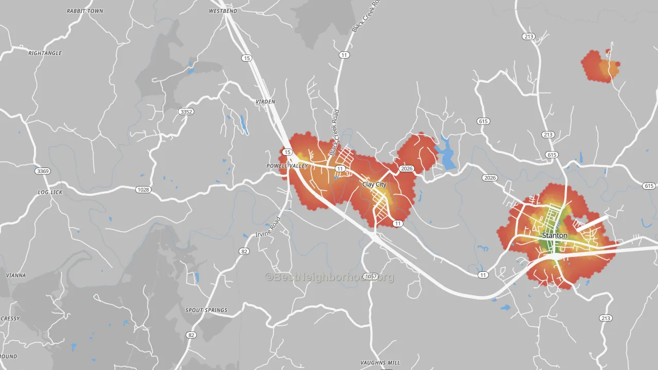 Walk Grade map of Clay City, KY, walkable areas in green and car-dependent areas in red