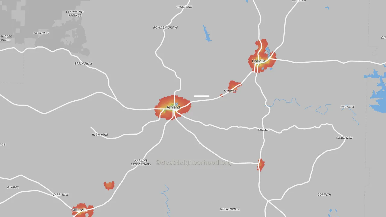 Walk Grade map of Clay County, AL, walkable areas in green and car-dependent areas in red