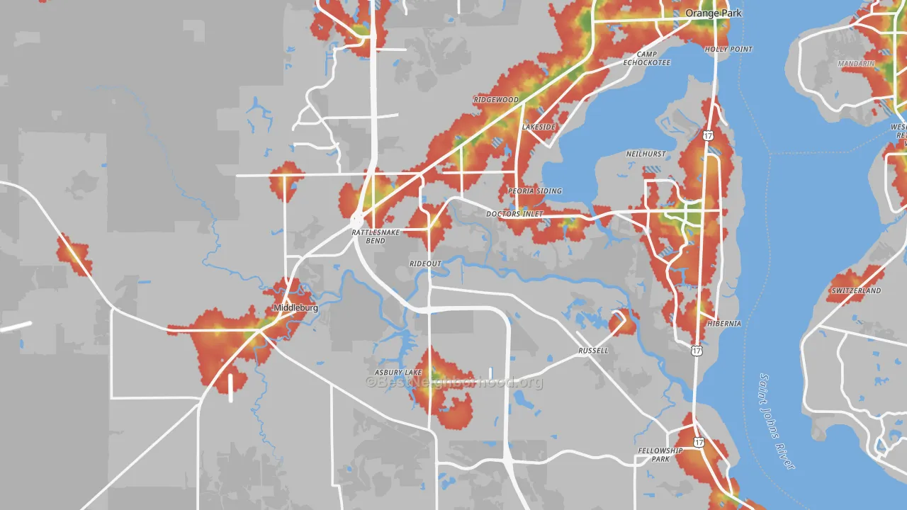 Walk Grade map of Clay County, FL, walkable areas in green and car-dependent areas in red