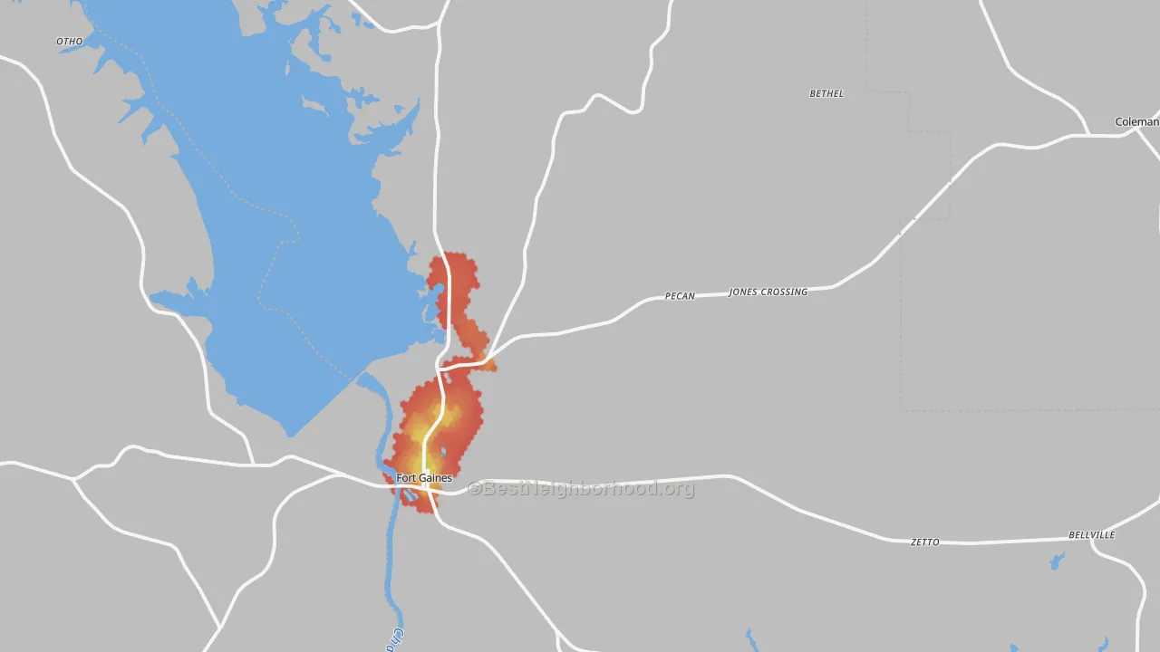Walk Grade map of Clay County, GA, walkable areas in green and car-dependent areas in red