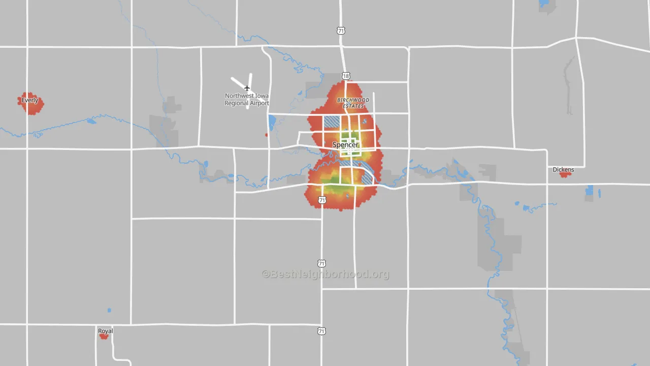 Walk Grade map of Clay County, IA, walkable areas in green and car-dependent areas in red
